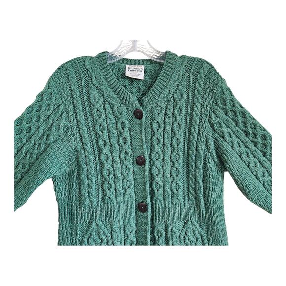 KILRONAM KNITWEAR IRELAND Women's M Cardigan Wool Sweater Green Cable Knit 38" - Picture 2 of 8